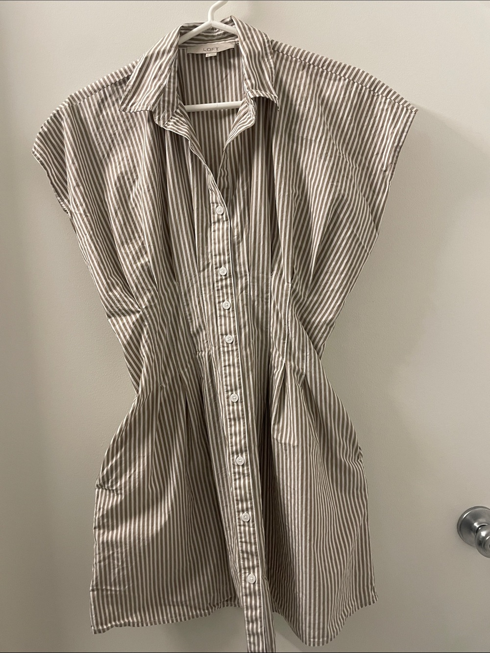 LOFT Taupe and White Vertical Stripe Shirt Dress with darts at waist and pockets